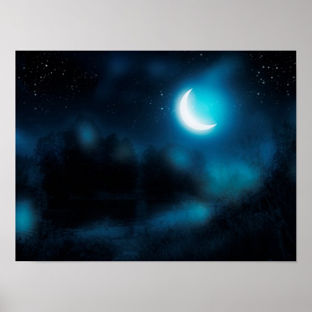 Crescent moon over forest river poster (Front)