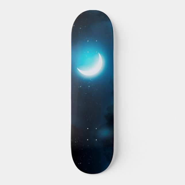 Crescent moon over forest river skateboard (Front)