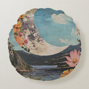 Crescent Moon Over Serene Landscape Round Pillow