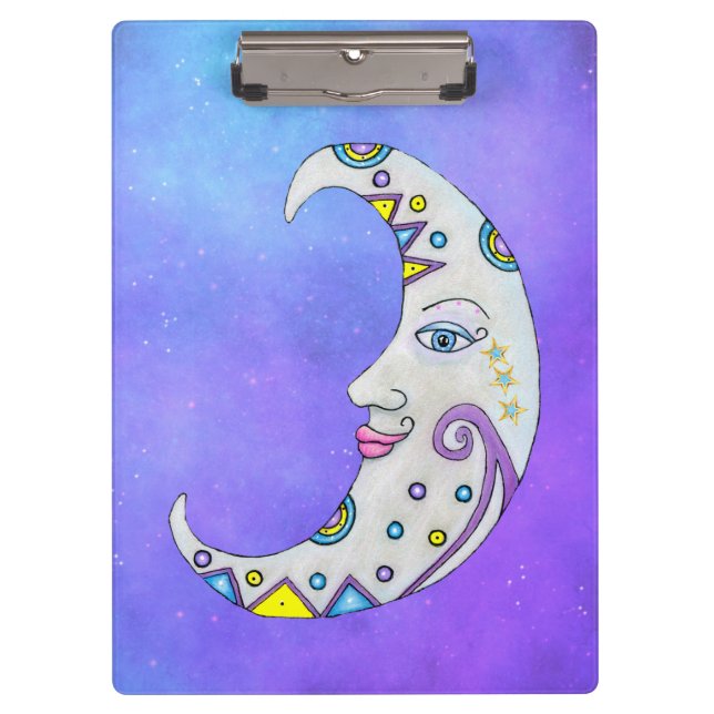Crescent Moon Pretty Face Colourful Markings Purpl Clipboard (Front)
