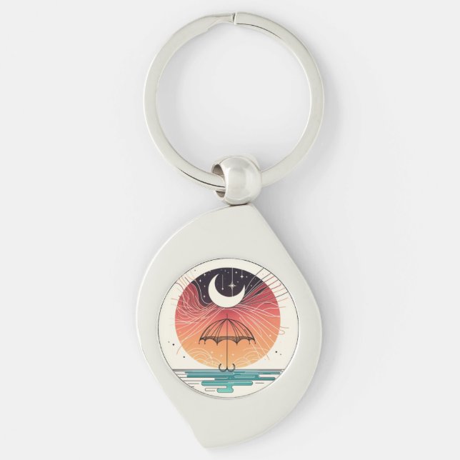Crescent Moon Rain Boho Line Art Charm Keychain (Front)