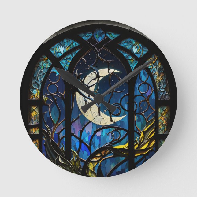Crescent Moon Stained Glass Round Clock (Front)