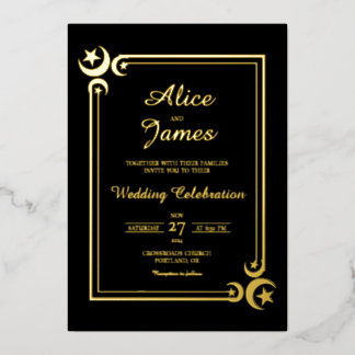 Crescent Moon Star Elegant Black Gold Foil Wedding
