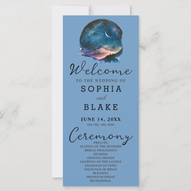 Crescent Moon Starlit Sky Blue Wedding Program (Front)