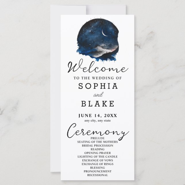 Crescent Moon Starlit Sky Programme de mariage bla (Devant)
