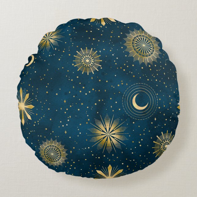 Crescent Moon Starry Night Celestial Round Pillow (Front)