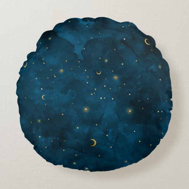Crescent Moon Starry Night Celestial Round Pillow (Front)
