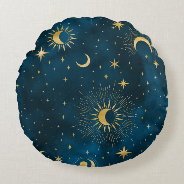 Crescent Moon Starry Night Celestial Round Pillow (Front)