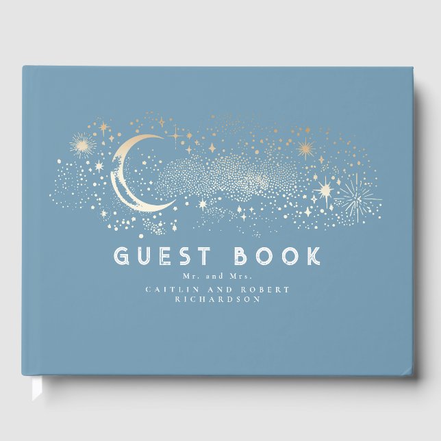 Crescent Moon Starry Night Celestial Wedding Guest Book (Front)