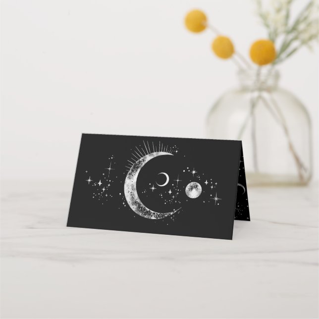 Crescent Moon Starry Night Celestial Wedding Place Card (Back)