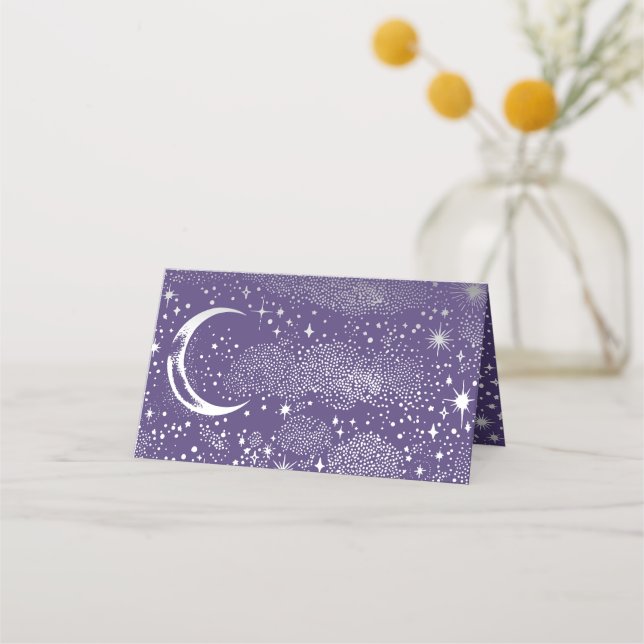 Crescent Moon Starry Night Celestial Wedding Place Card (Back)