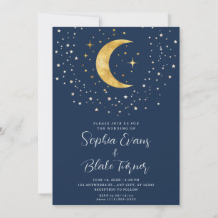 Crescent Moon Starry Night Navy Blue Wedding Invitation
