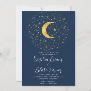 Crescent Moon Starry Night Navy Blue Wedding Invitation