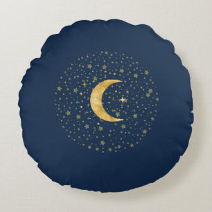 Crescent Moon Starry Night Round Pillow