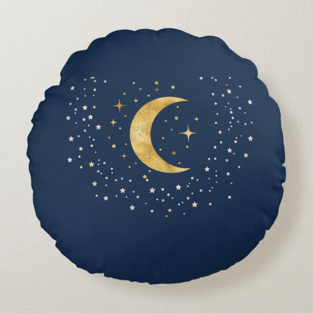 Crescent Moon Starry Night  Round Pillow (Front)