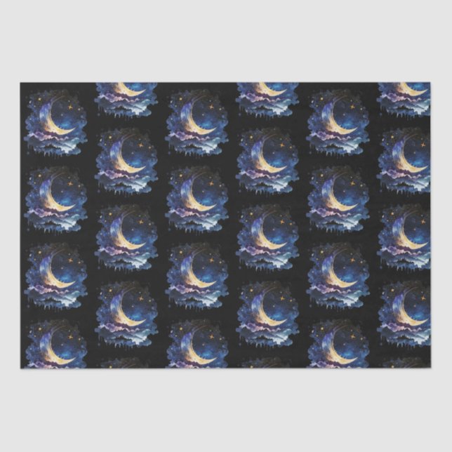 Crescent Moon Stars Celestial Black Halloween Tissue Paper (Front)