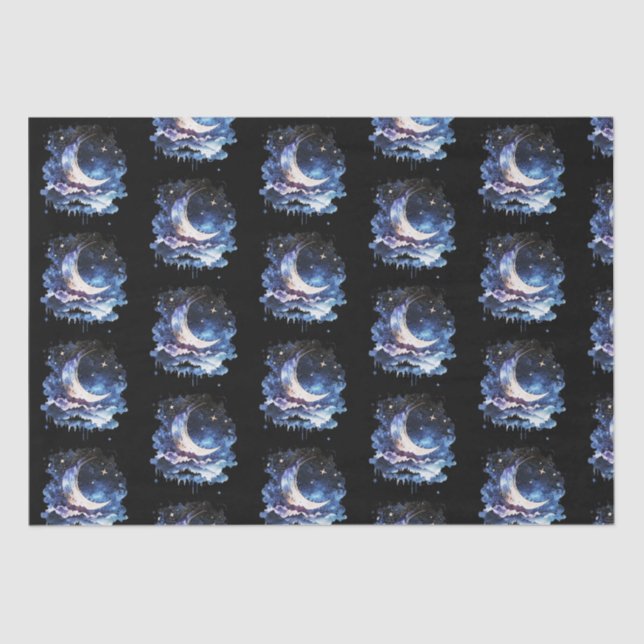 Crescent Moon Stars Celestial Black Halloween Tissue Paper (Front)