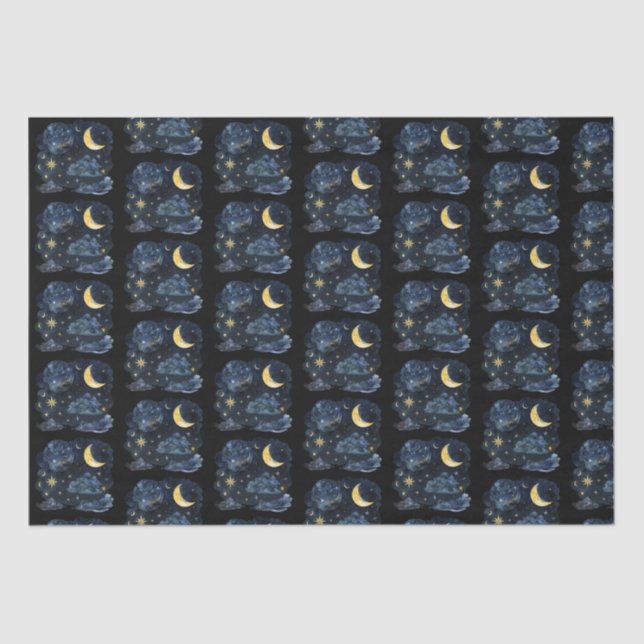 Crescent Moon Stars Celestial Black Halloween Tissue Paper (Front)