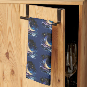 Crescent Moon Stars Celestial Blue Halloween Kitchen Towel