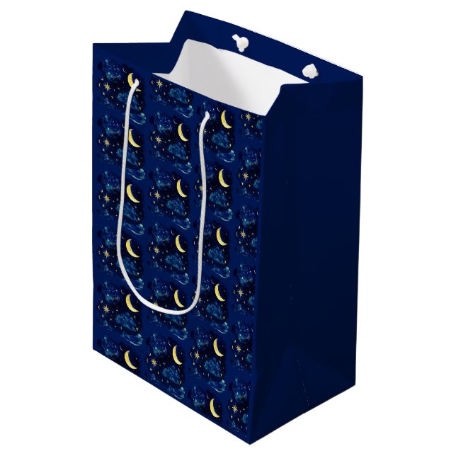Crescent Moon Stars Celestial Blue Halloween Medium Gift Bag (Front Angled)