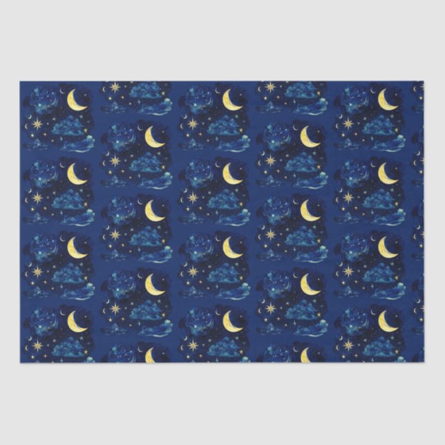 Crescent Moon Stars Celestial Blue Halloween Tissue Paper (Front)