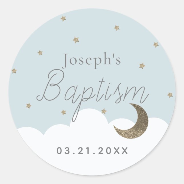 Crescent Moon & Stars Light Blue Boy Baptism Classic Round Sticker (Front)