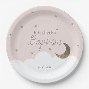 Crescent Moon & Stars Light Pink Girl Baptism Paper Plate