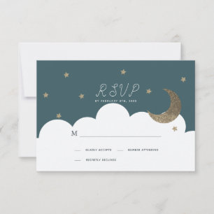Crescent Moon & Stars Navy Blue Baptism RSVP