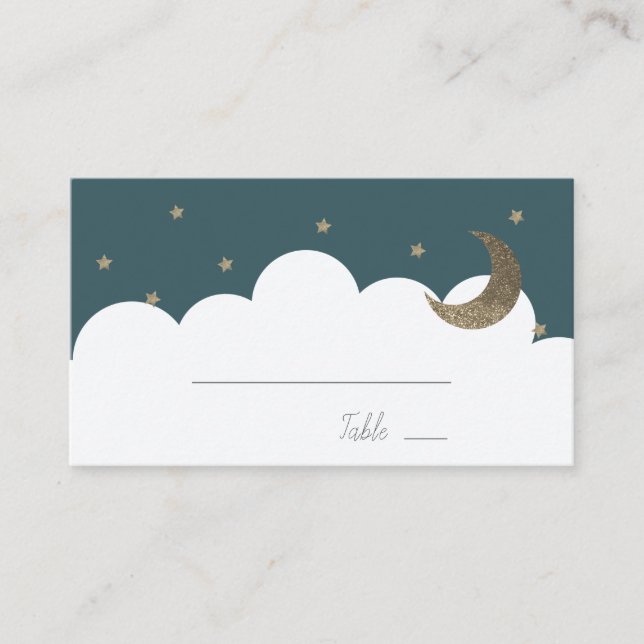 Crescent Moon & Stars Navy Blue Boy Place Card (Front)