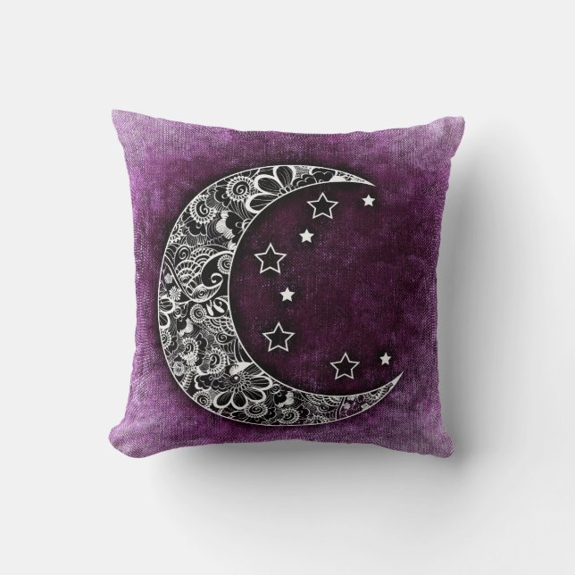 CRESCENT MOON & STARS on Shaded Purple Texture Throw Pillow (Front)