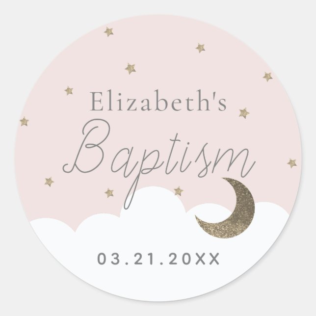 Crescent Moon & Stars Pink Girl  Baptism Classic Round Sticker (Front)
