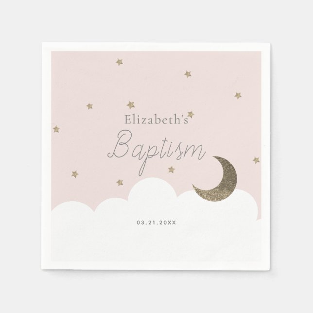 Crescent Moon & Stars Pink Girl Baptism Napkins (Front)