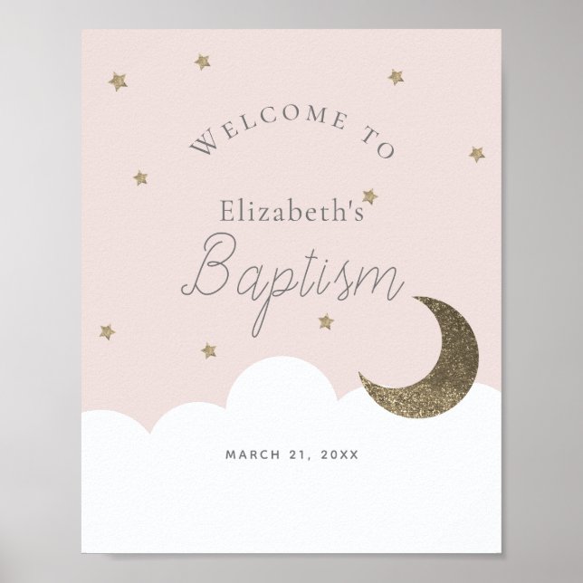 Crescent Moon Stars Rose Girl Baptism Affiche de b (Devant)