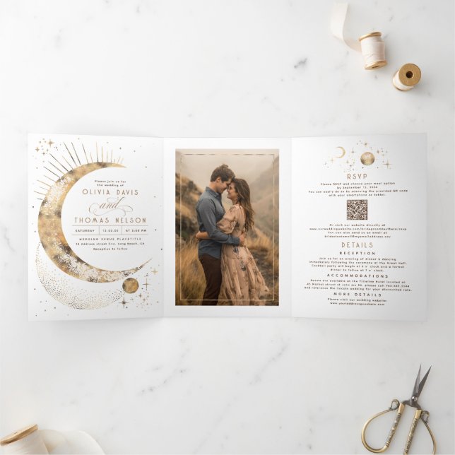Crescent Moon Sun Halo Celestial Wedding Photo Tri-Fold Invitation (Inside)