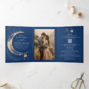Crescent Moon Sun Halo Celestial Wedding Photo Tri-Fold Invitation