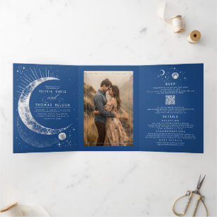 Crescent Moon Sun Halo Celestial Wedding Photo Tri-Fold Invitation