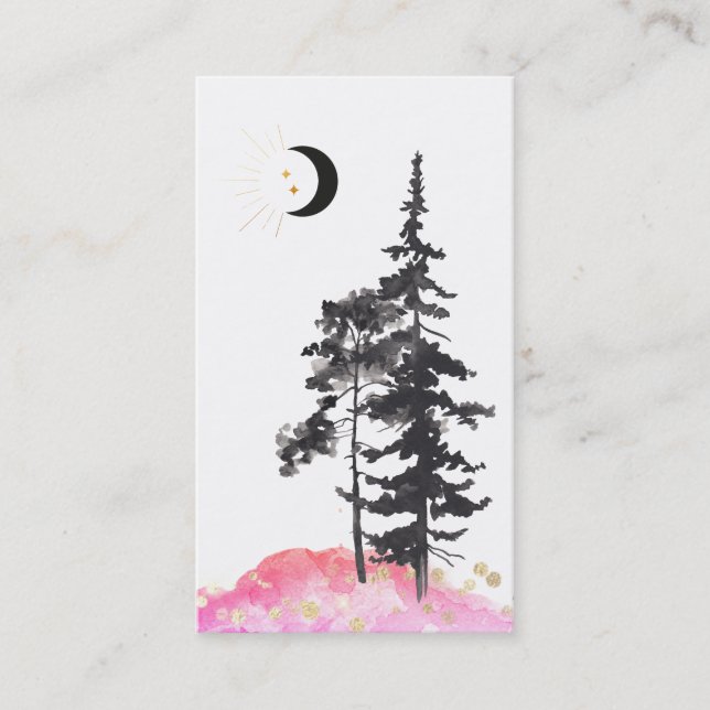 *~*  Crescent Moon Trees Gold Stars Glitter Pink Business Card (Front)