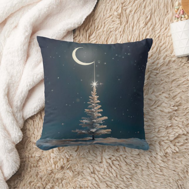 Crescent Moon With a Christmas Star Throw Pillow (Blanket)