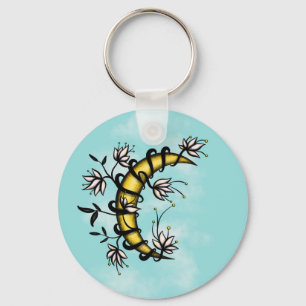 Crescent Moon Wrapped In Flowers Tattoo Style Keychain