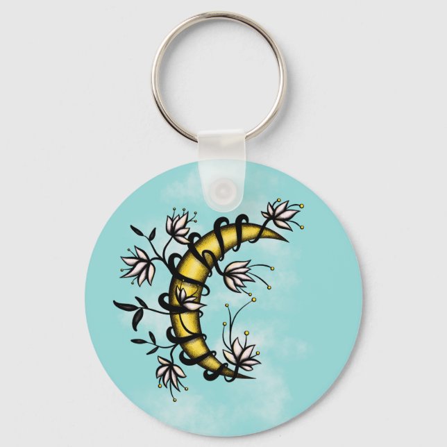 Crescent Moon Wrapped In Flowers Tattoo Style Keychain (Front)