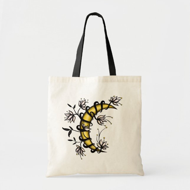 Crescent Moon Wrapped In Flowers Tattoo Style Tote Bag (Front)