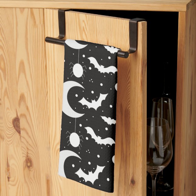 Crescent Moons, Spiders and Bats Black Halloween Kitchen Towel (Thirds Fold)