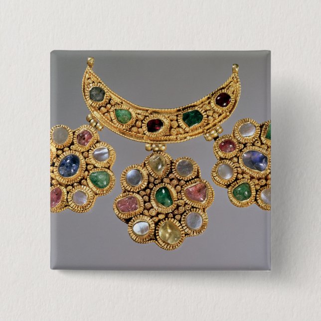 Crescent shaped necklace with pendants 2 inch square button (Front)