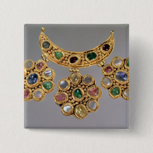 Crescent shaped necklace with pendants 2 inch square button
