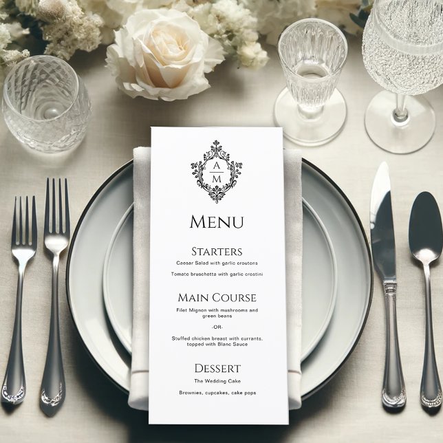 Crest Black and White Wedding Monogram Vintage  Menu (Creator Uploaded)