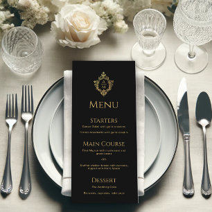Crest Black Faux Gold Elegant Wedding Monogram  Menu