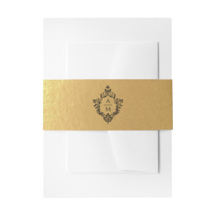 Crest Black Faux Gold Wedding Monogram 2 Initials Invitation Belly Band