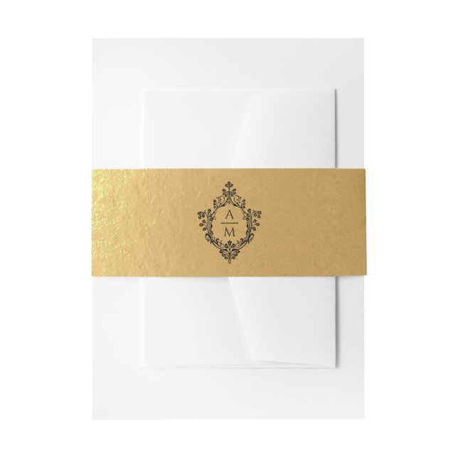 Crest Black Faux Gold Wedding Monogram 2 Initials Invitation Belly Band (Front Example)
