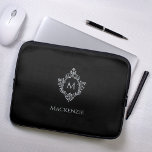 Crest Black Grey Monogram Name Vintage Monochrome Laptop Sleeve<br><div class="desc">A black and silver design with the monogram initial in a vintage crest, recommended for a man. The crest is faux silver foil, the background is black. Under the crest there is the name in grey caps. The vintage floral crest from an old book cover binding, of the book "Rust,...</div>