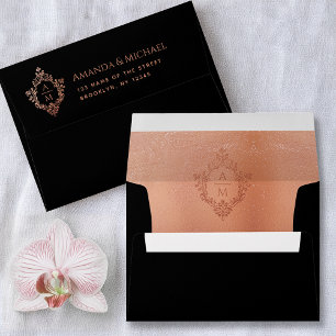 Crest Black Pink Elegant Vintage Monogram Wedding Envelope